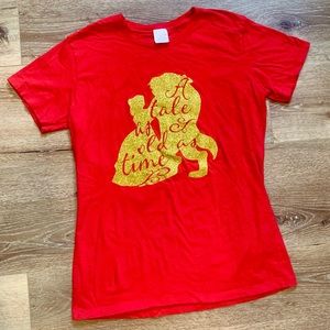 Womens Large Disney Red TShirt Beauty And The Beast Tee With Gold Glitter Design